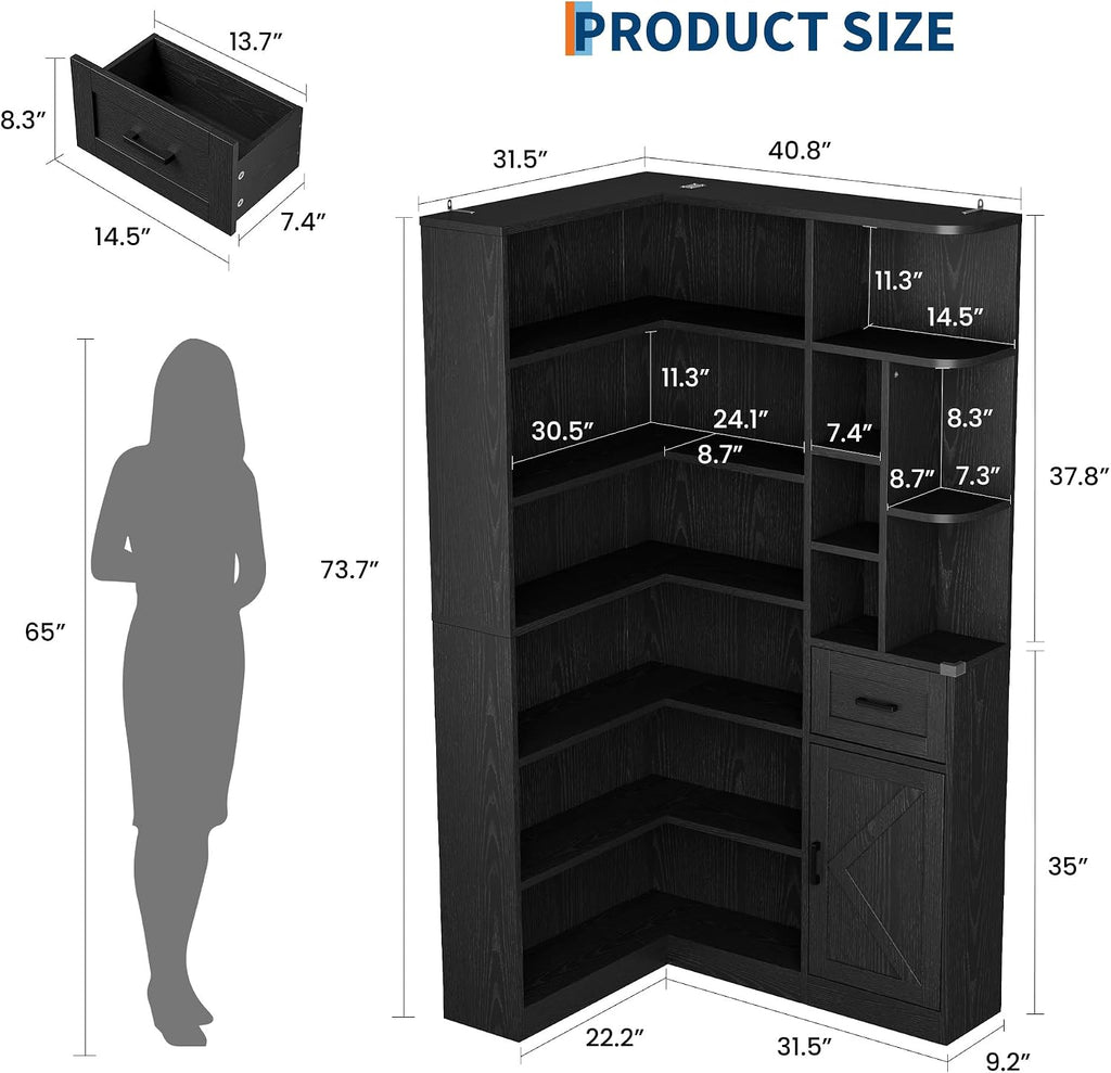 Garvee 74'' Tall Corner Bookshelf - 6-Tier Book Shelf with Drawer and Cabinets, l-Shaped Bookcase Open Storage Shelves Modern Display Shelf for Home, Office
