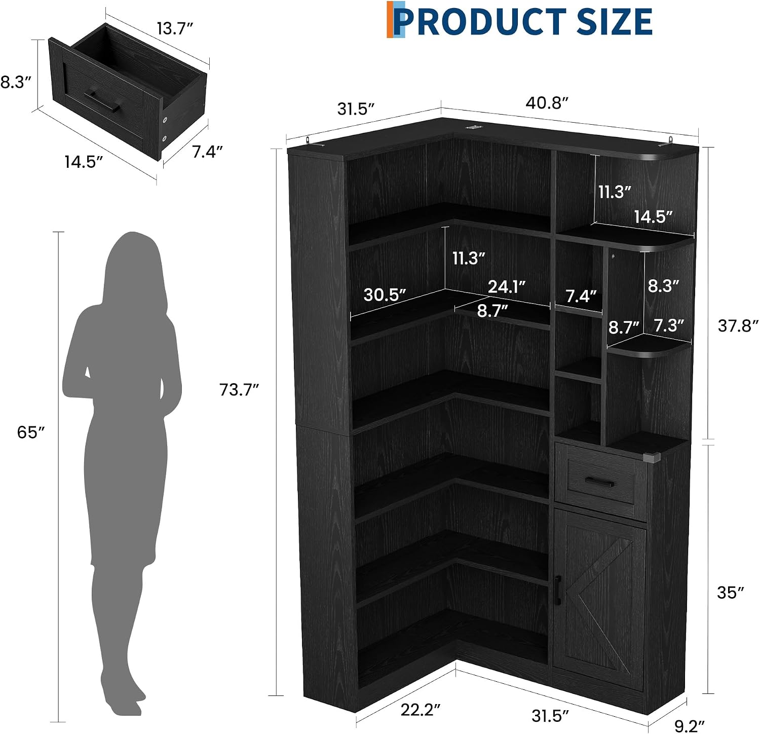Garvee 74'' Tall Corner Bookshelf - 6-Tier Book Shelf with Drawer and Cabinets, l-Shaped Bookcase Open Storage Shelves Modern Display Shelf for Home, Office