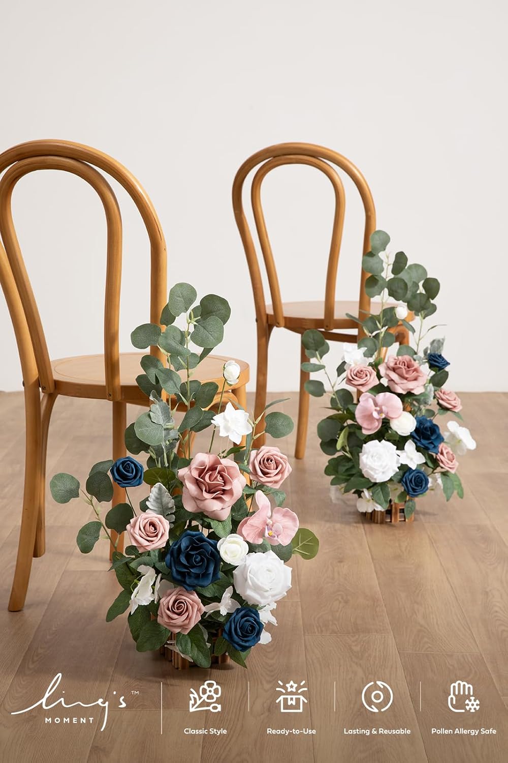 Ling's moment 17.5' Tall Standing Artificial Flowers Arrangements 4 pcs Wedding Aisle Runner Chair Decorations Dusty Rose Navy Centerpieces for Ceremony Reception Rose Floral Party Outdoor