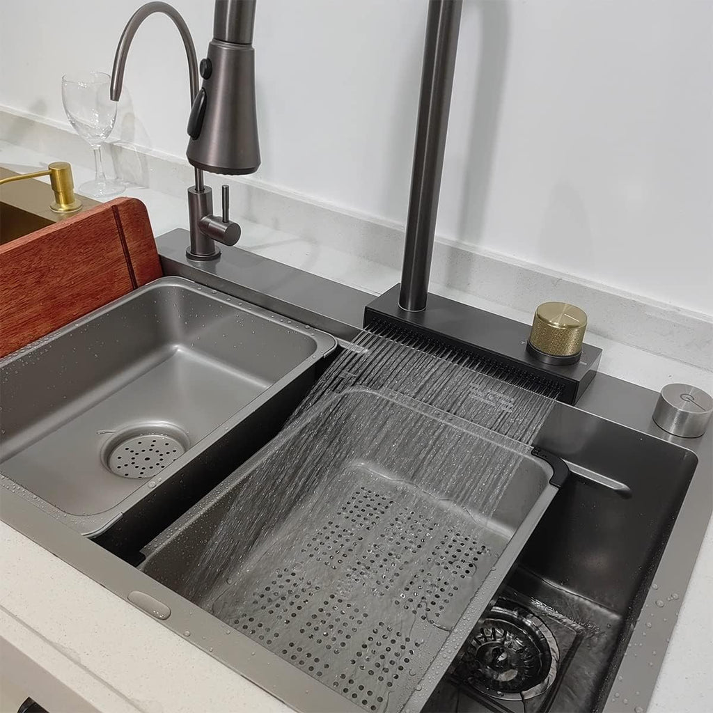 Kitchen Sinks Grey Stainless Steel Sink Large Sink with Waterfall Faucet Single Bowl Sink with All Accessories (