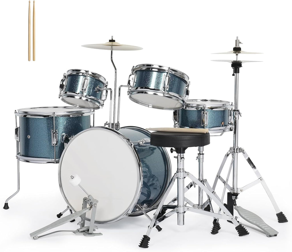Ktaxon 5-Piece Complete Junior Drums Set, 14 Inch Beginners Drum Kit with Throne Stool, Pedal & Drumsticks, Drums Musical Instruments W/Cymbal, Hi-Hat, Floor, Tom and Snare Drum (Blue)