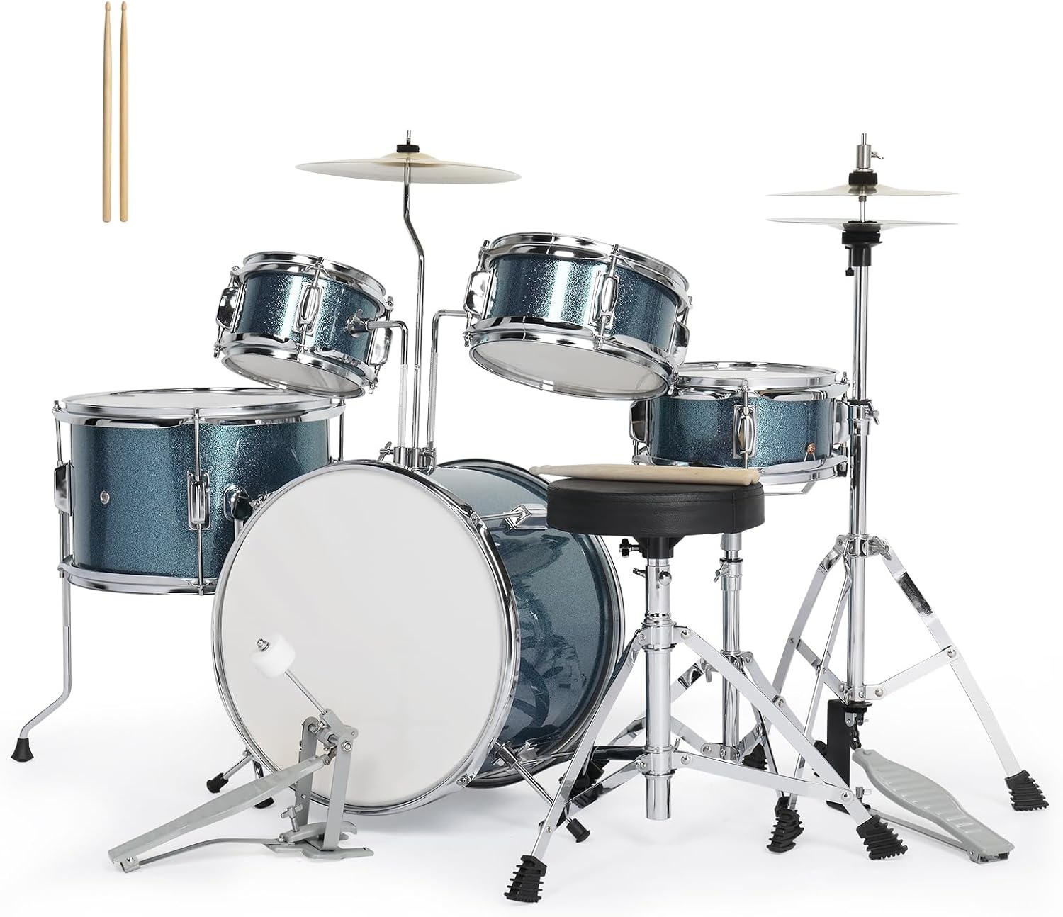Ktaxon 5-Piece Complete Junior Drums Set, 14 Inch Beginners Drum Kit with Throne Stool, Pedal & Drumsticks, Drums Musical Instruments W/Cymbal, Hi-Hat, Floor, Tom and Snare Drum (Blue)