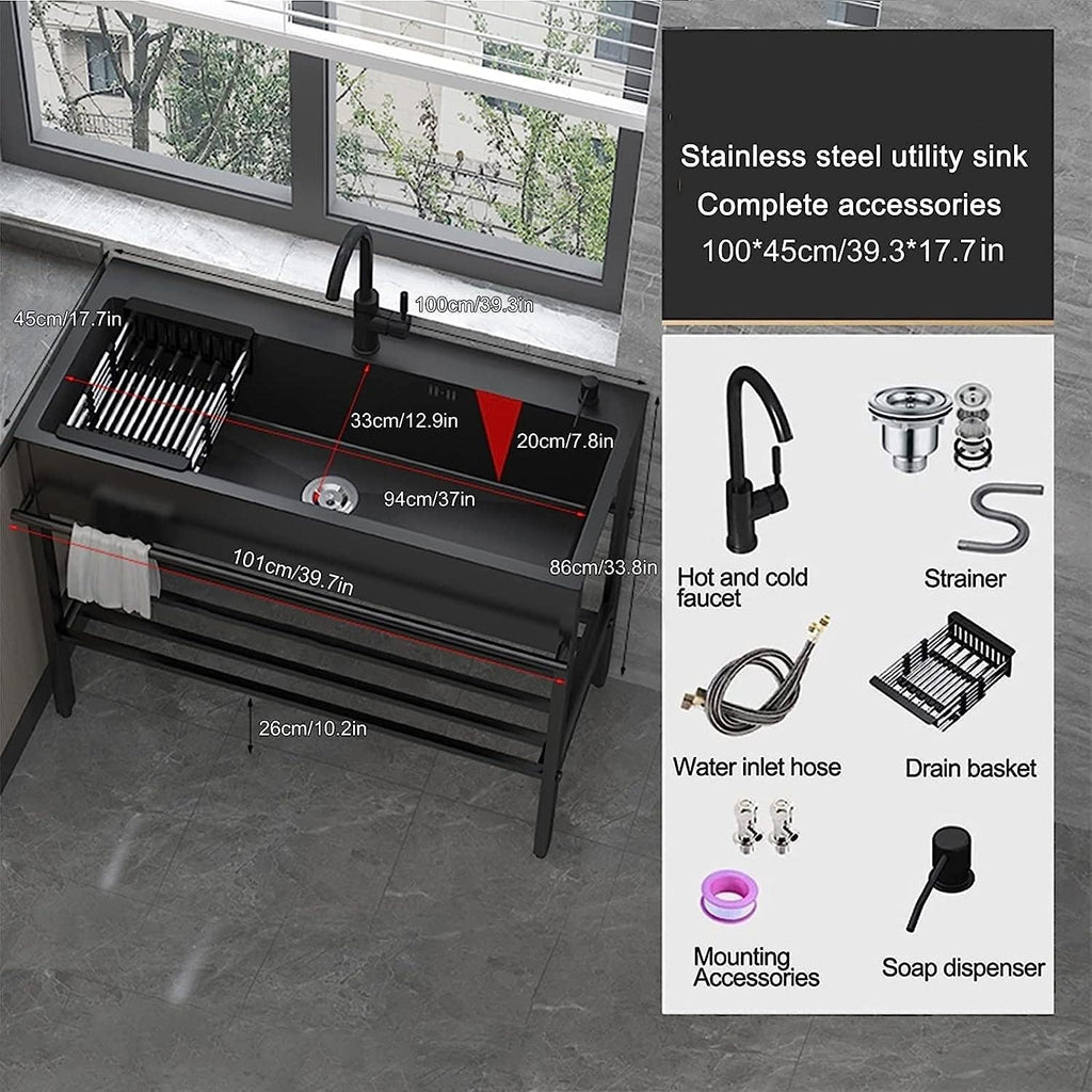 Commercial Stainless Steel Kitchen Sink, Outdoor Utility Single Bowl Sink,Heavy Duty Wash Station w/Faucet and Shelves for Garage,Restaurant,Kitchen,Laundry(100*45*86cm/39.3*17.7*33.8in