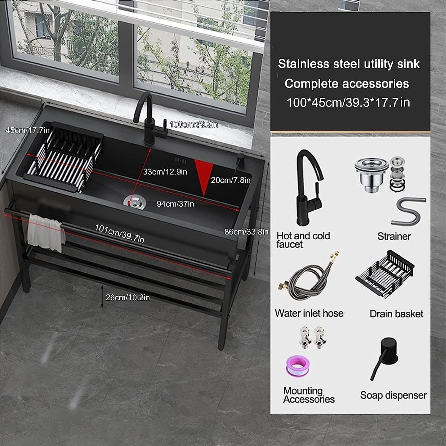Commercial Stainless Steel Kitchen Sink, Outdoor Utility Single Bowl Sink,Heavy Duty Wash Station w/Faucet and Shelves for Garage,Restaurant,Kitchen,Laundry(100*45*86cm/39.3*17.7*33.8in