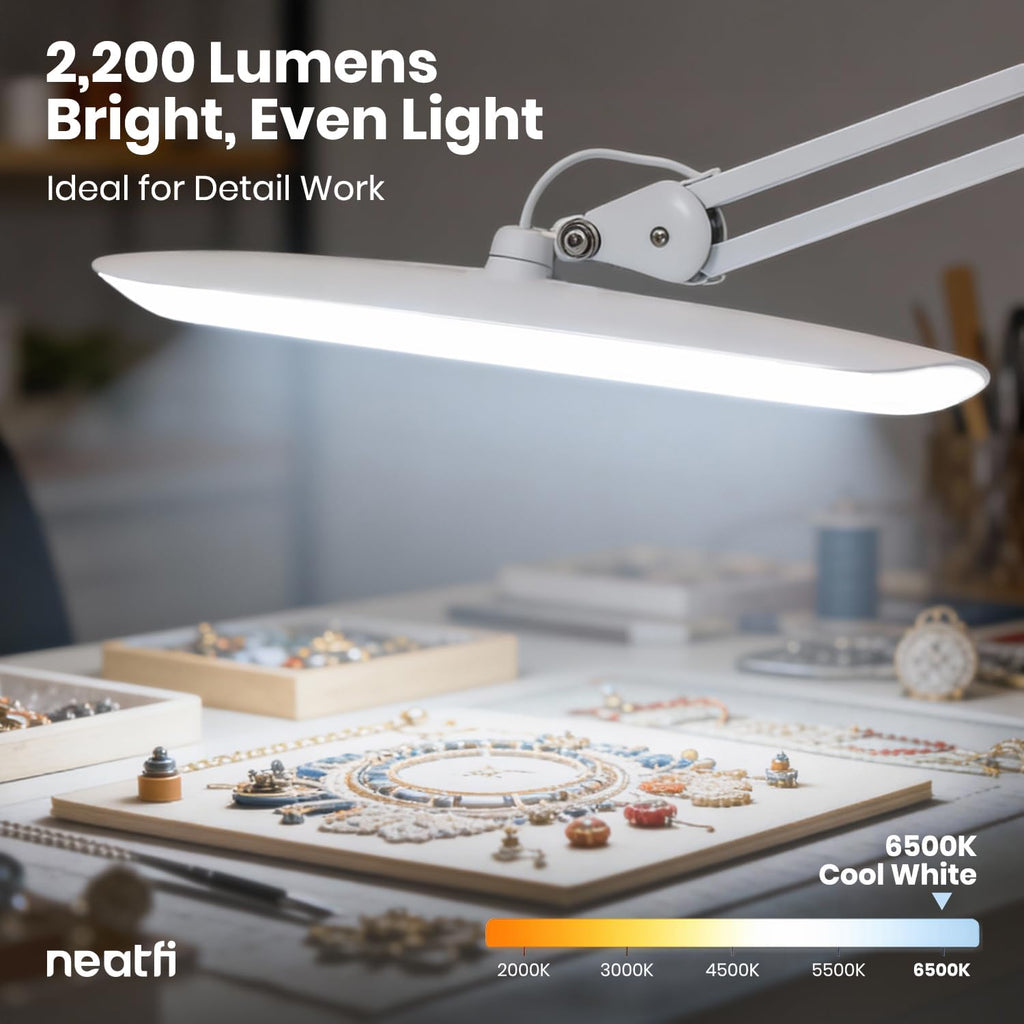 Neatfi XL 2200 Lumens 24W LED Desk Lamp - 4-Level Dimmable Task Light | Home Office, Crafts & Workbench | 20-Inch Wide Head (White, Non-CCT with Base)