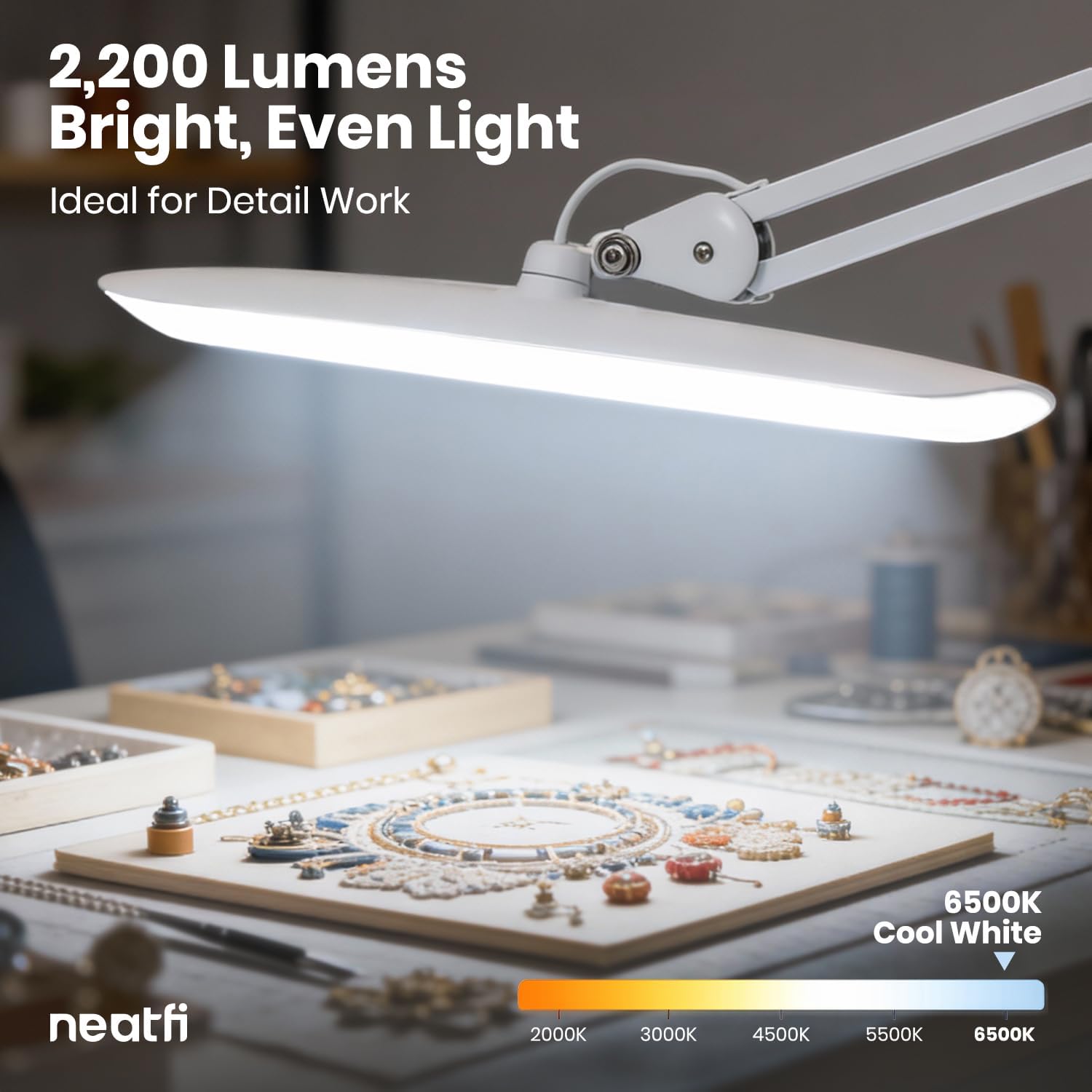 Neatfi XL 2200 Lumens 24W LED Desk Lamp - 4-Level Dimmable Task Light | Home Office, Crafts & Workbench | 20-Inch Wide Head (White, Non-CCT with Base)