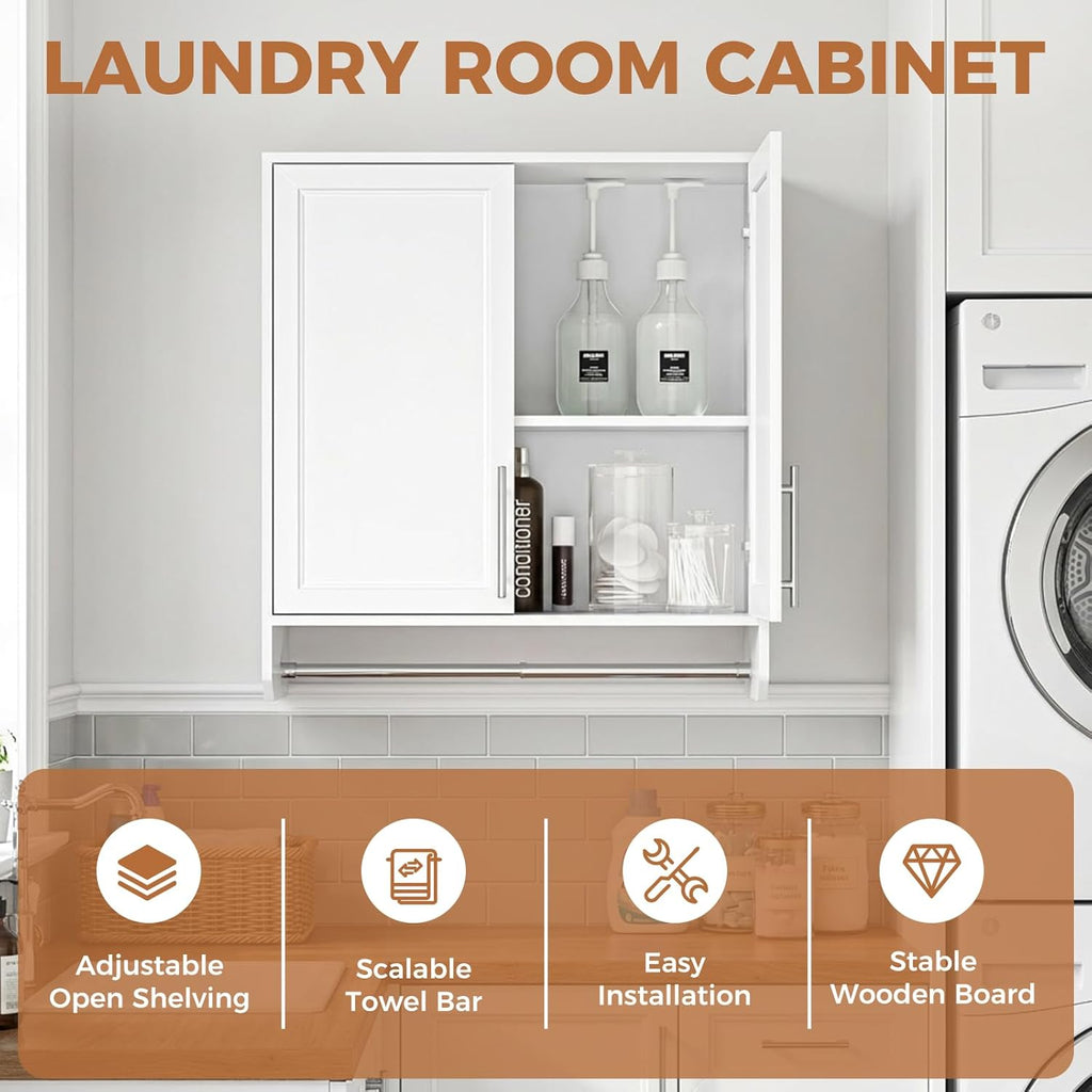 29.5'' Wall Cabinet with Towel Bar, Laundry Room Cabinets Wall Mounted, Bathroom Wall Cabinet, Adjustable Shelf, Shaker Door, White