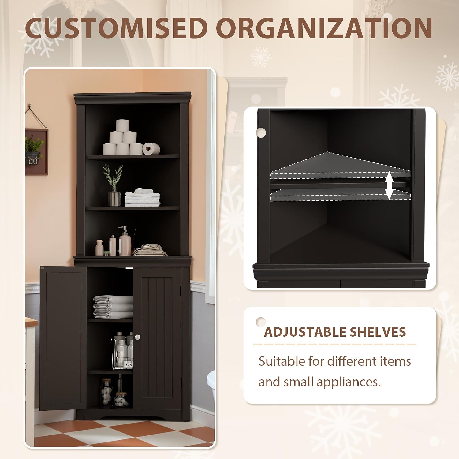 Furmax 62' Corner Cabinet, Bathroom Storage Cabinet with 6 Adjustable Shelves & 2 Doors, Freestanding Corner Shelf for Living Room, Bathroom, Kitchen (Brown)