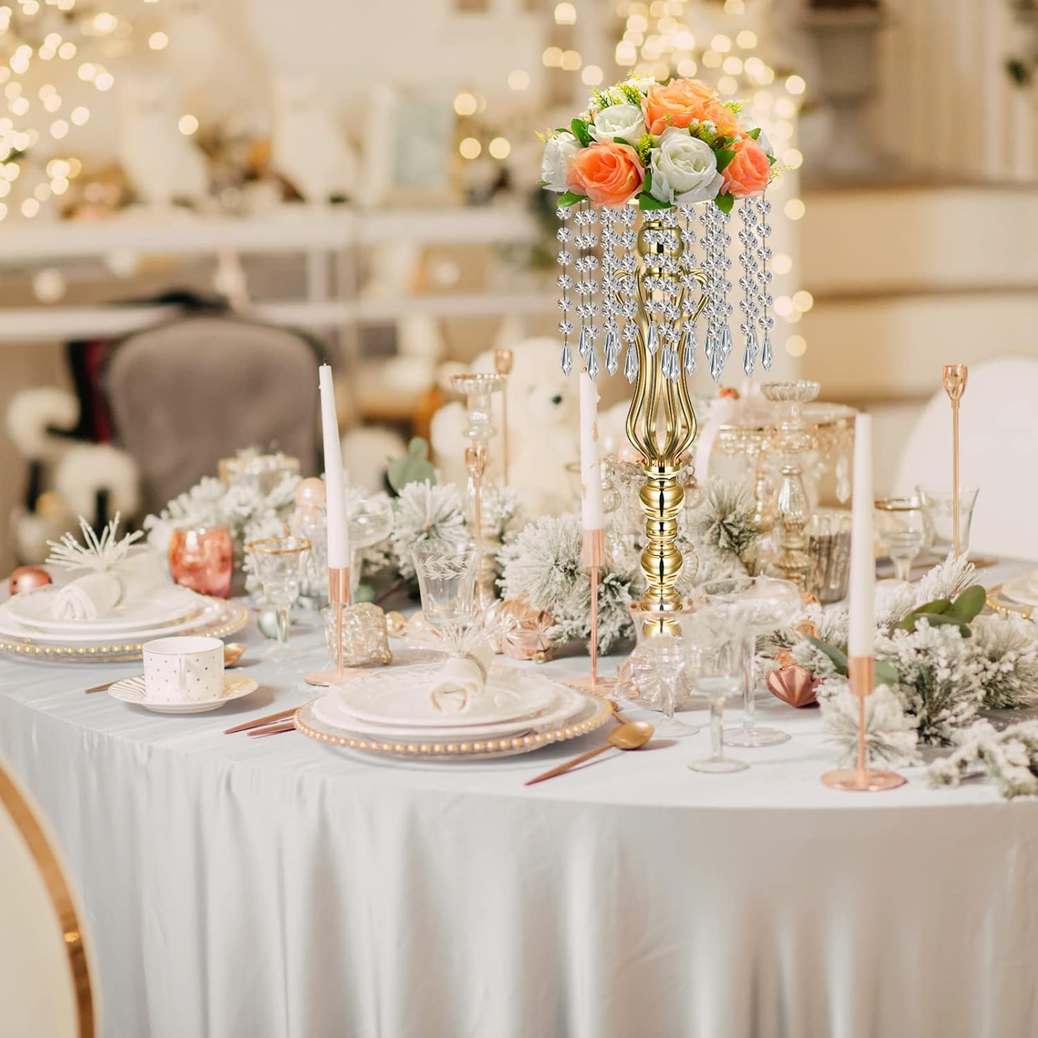 Didaey 16 Pcs Wedding Centerpieces for Tables, Gold Silver Vase Centerpiece with Chandelier Crystal Metal Flower Stand, Tall Flower Vases for Wedding Party Home Decoration(Gold,21.3')