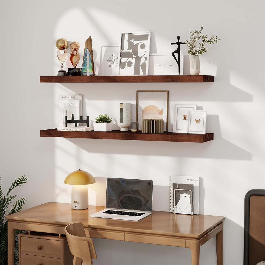 RICHFOCUS Floating Shelves for Wall 48 Inch Solid USA-Sourced Oak Wooden Shelves for Bathroom Kitchen 9' Deep Modern Wood Shelf with Heavy-Duty Bracket for Wall Mounted, Walnut Finish