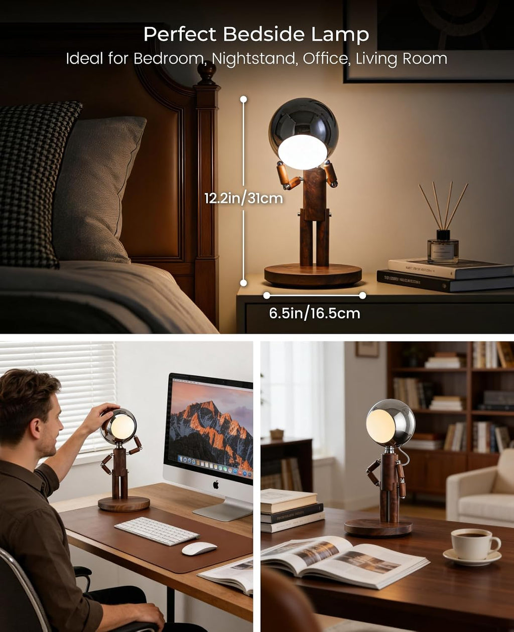 Cordless Table Lamp, Rechargeable Wooden Desk Lamp with Touch Control & Stepless Dimming, 3 Color Temperatures, Bedside Lamp for Bedroom Nightstand Office, Home Decor, Unique Gifts, Black Walnut