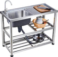 Movable Stainless Steel Kitchen Sink, Commercial 304 Stainless Steel Single Sink Bowl Restaurant Table Utility Sink WashingHand Basin W/Faucetfor Indoor Outdoor