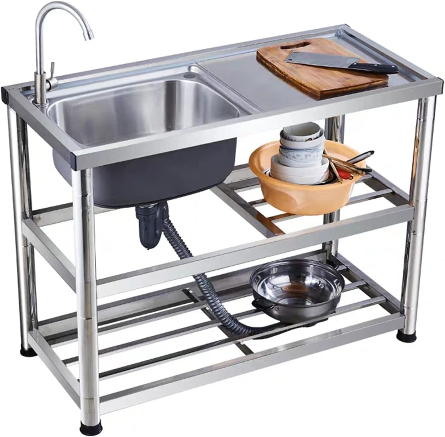 Movable Stainless Steel Kitchen Sink, Commercial 304 Stainless Steel Single Sink Bowl Restaurant Table Utility Sink WashingHand Basin W/Faucetfor Indoor Outdoor