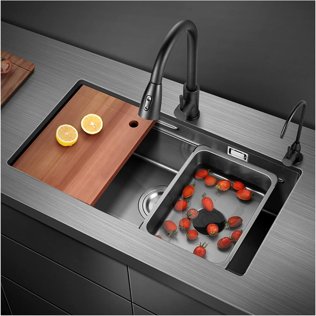 304 Stainless Steel Kitchen Sink Multifunctional Ladder Type Bar Sink Under Mount RV Sink Single Bowl Sink with Pull-Out Faucet and Drainage Cponents (Color : Black, Size : 75x41x21cm)