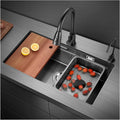 304 Stainless Steel Kitchen Sink Multifunctional Ladder Type Bar Sink Under Mount RV Sink Single Bowl Sink with Pull-Out Faucet and Drainage Cponents (Color : Black, Size : 75x41x21cm)