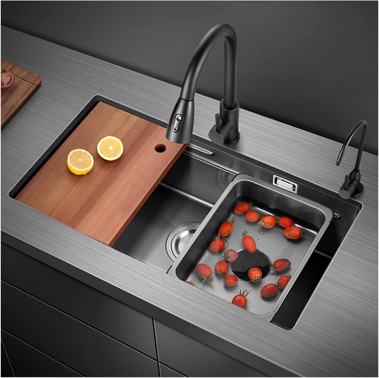 304 Stainless Steel Kitchen Sink Multi-functional Ladder Type Bar Sink Under Mount RV Sink Single Bowl Sink with Pull-Out Faucet and Drainage Components (Color : Black, Size : 75x41x21cm) (Black 7