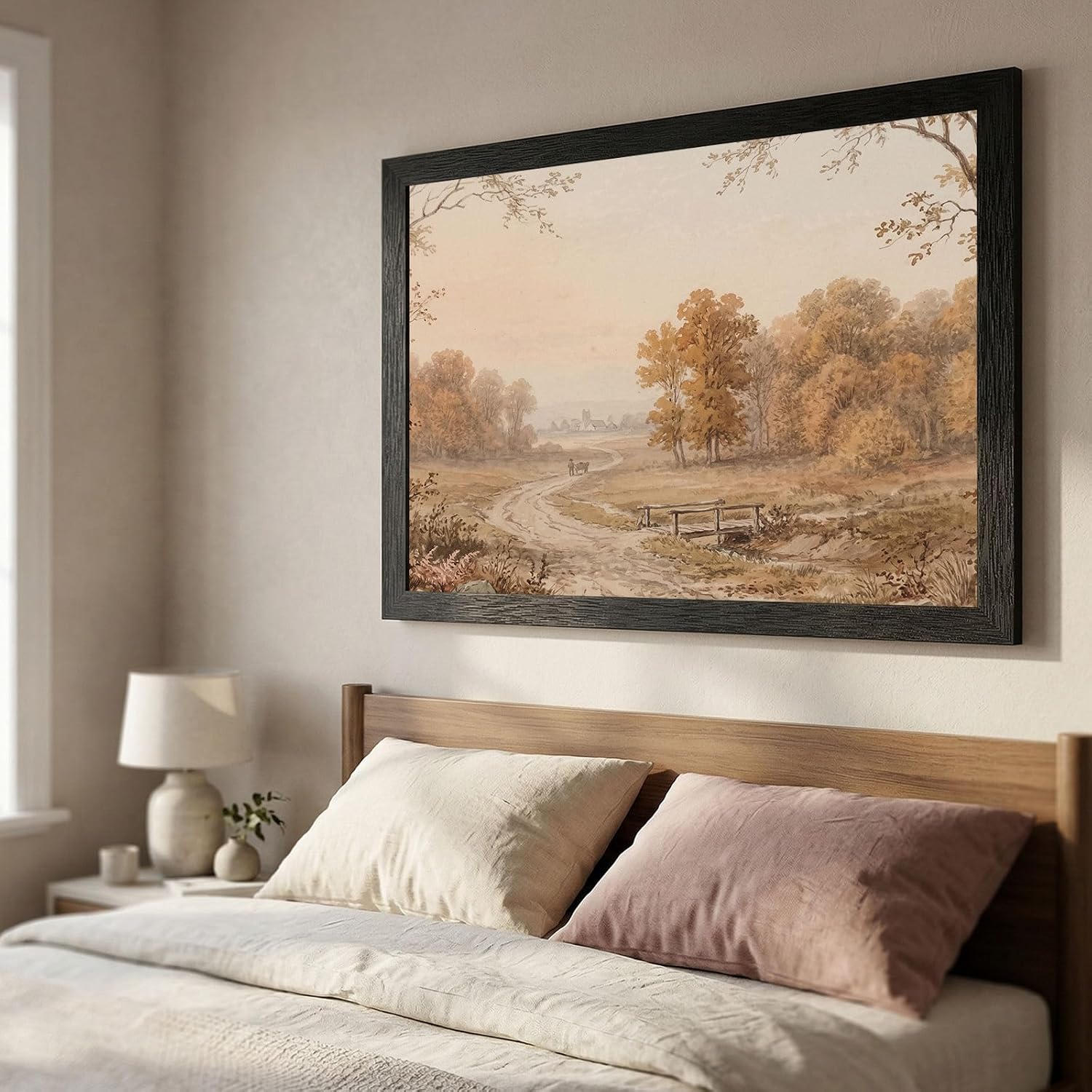 Framed Wall Art - 19th-Century Pastoral Landscape Watercolor Print in Black Frame - Autumn Forest and Nature Scene Decor for Living Room and Office - 24x36 Inch