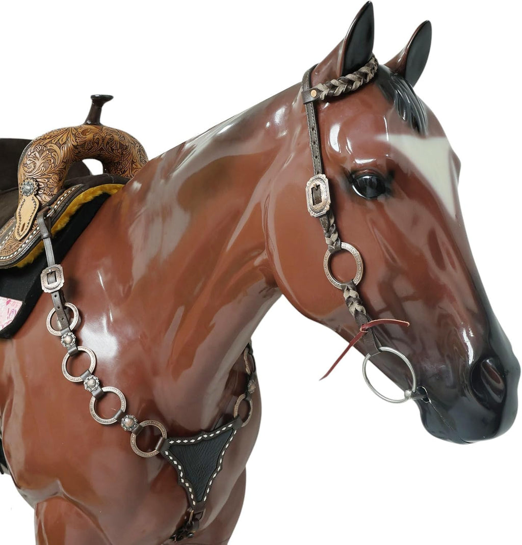 Western Ring Headstall and Breast Collar Set – Copper Rings, Black Alligator Leather Braiding & Cowhide Buck Stitching – Argentina Cow Leather, Antique Copper Hardware