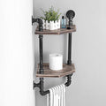 Industrial Pipe Shelf Corner Shelves with Towel Bar Bathroom Shelves Wall Mounted 2 Tiered Metal and Wood Home Decor Floating Shelves
