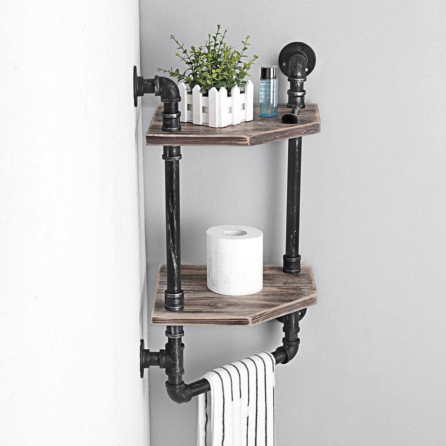 Industrial Pipe Shelf Corner Shelves with Towel Bar Bathroom Shelves Wall Mounted 2 Tiered Metal and Wood Home Decor Floating Shelves