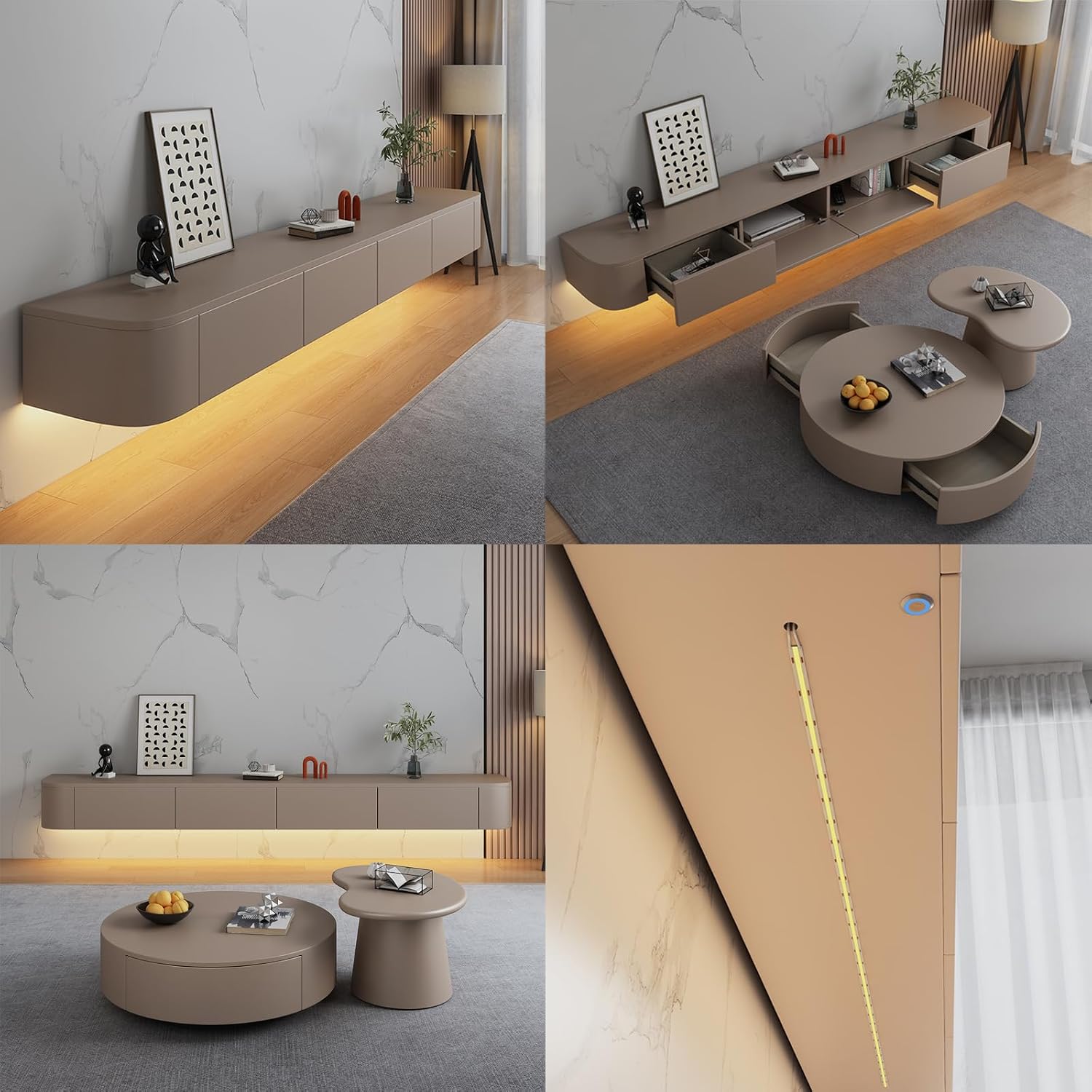 Floating TV Stand Large Floating TV Shelves Wall Mounted Multi Storage Compartment TV Media Console Floating TV Cabinet Bench Under TV Large Storage (Khaki with Led, 86.6 * 7.9 * 9.4 in)
