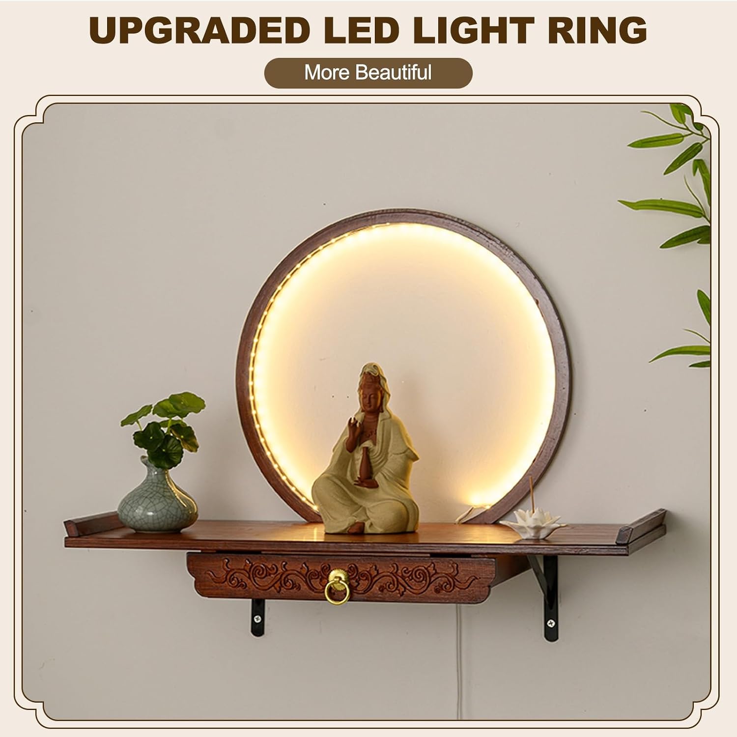 HARELA Wall-Mounted Personal Shrine Altar Table, Buddha Altar Shelf Shrine with LED Light, Retractable Bamboo Prayer Offering Table for Incense, Idols, and Worship Supplies(Reddish Brown,60cm/23.6in)