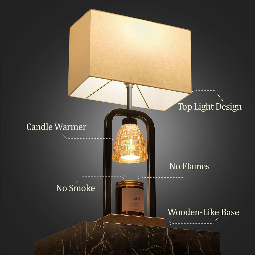 PoKat 21.5'' Lamp Candle Warmers Set of 2 Black, Farmhouse Candle Warming Lamps with Timer Dimmer & Wood-Like Base, Warmer Lamp Jar Candles, Table Lamps for Bedroom End Table Decor, Bulb Included