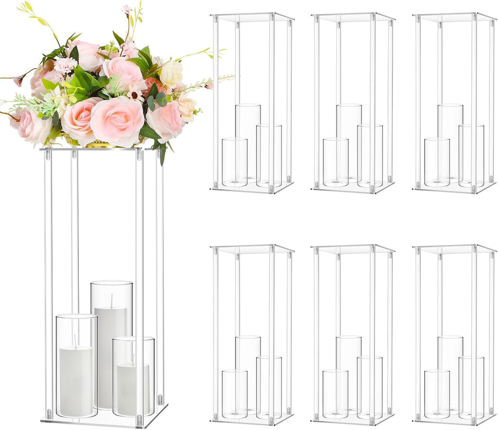 Sieral 6 Sets 20''Tall Clear Acrylic Flower Vase Wedding Centerpieces Flowers Stand with Glass Candle Holders Cylinder Vases, Transparent Flower Vases for Table Centerpiece Wedding Home (Mix)