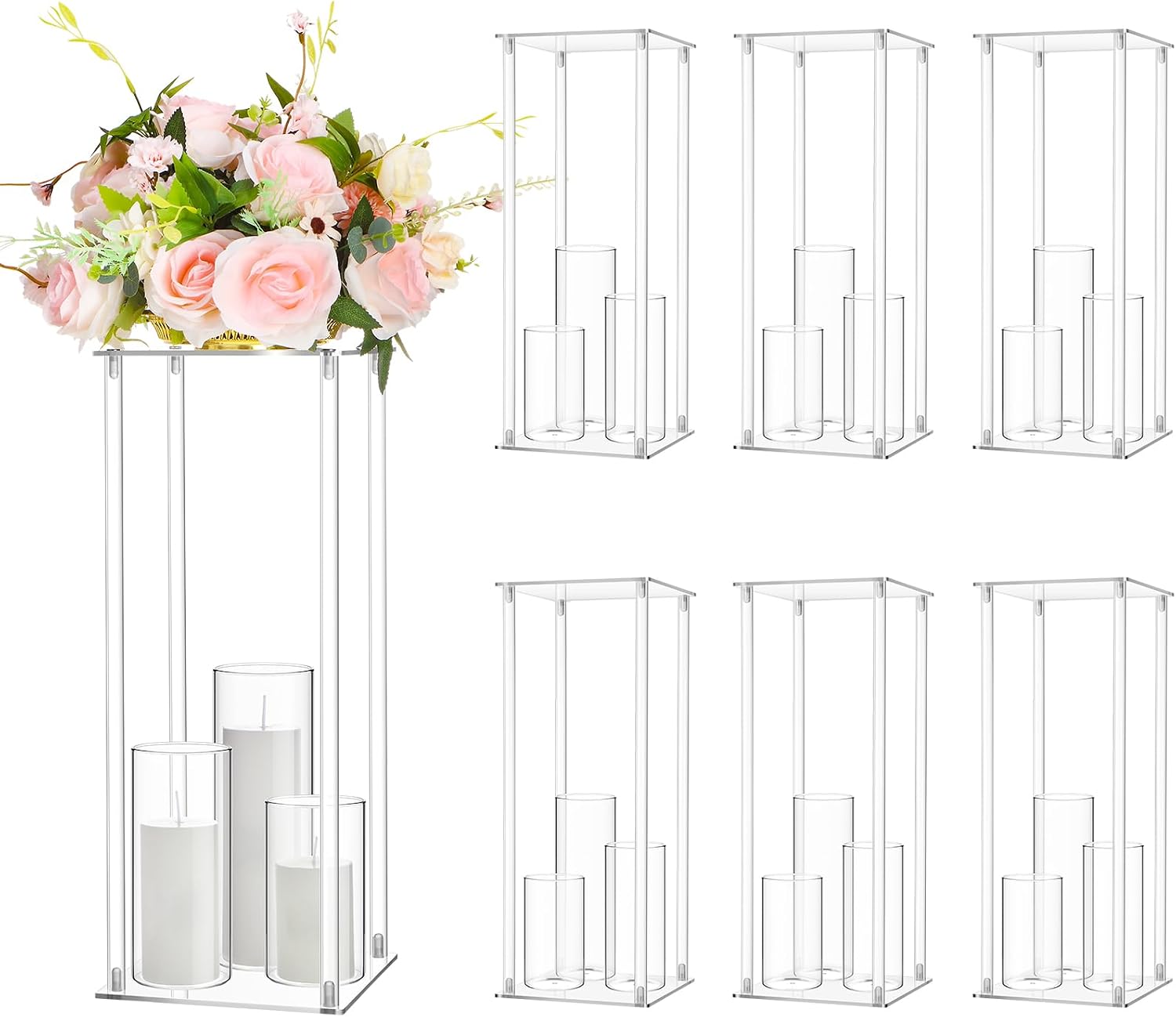 Sieral 6 Sets 20''Tall Clear Acrylic Flower Vase Wedding Centerpieces Flowers Stand with Glass Candle Holders Cylinder Vases, Transparent Flower Vases for Table Centerpiece Wedding Home (Mix)