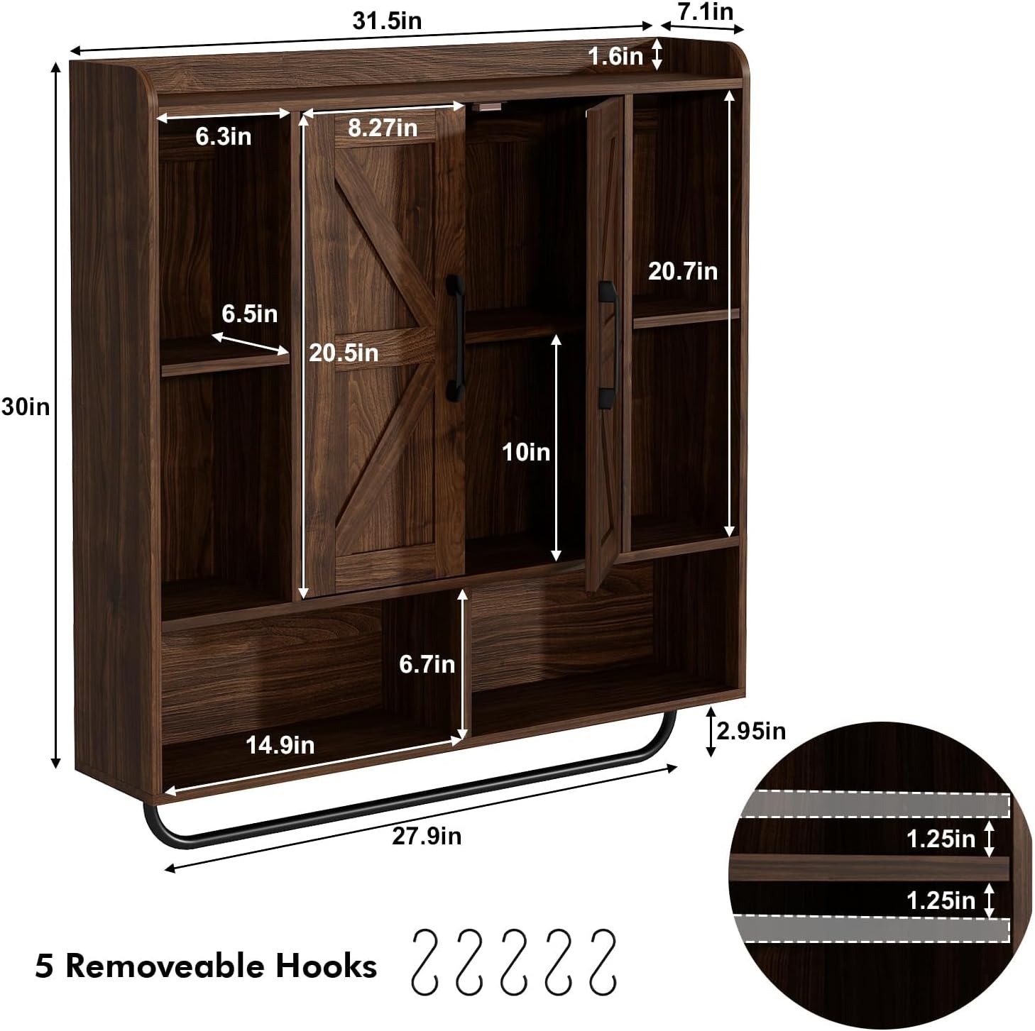 RUSTOWN Rustic Wood Wall Bathroom Cabinet, Farmhouse Medicine Cabinet Wall Mounted, Space Saving Wall Storage Cabinet with 2 Barn Door, 3-Tier Adjustable Shelves and Towel Bar(Dark Walnut)