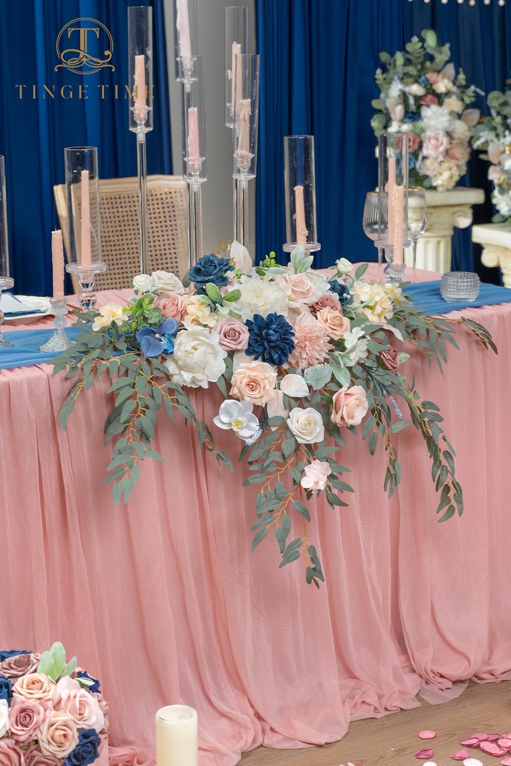TINGE TIME Artificial Sweetheart Flower Swag with Tablecloth and Table Runner, Pack of 3 Floral Arrangement for Wedding Sweetheart Table Centerpiece Decoration (Dusty Rose & Navy Blue)
