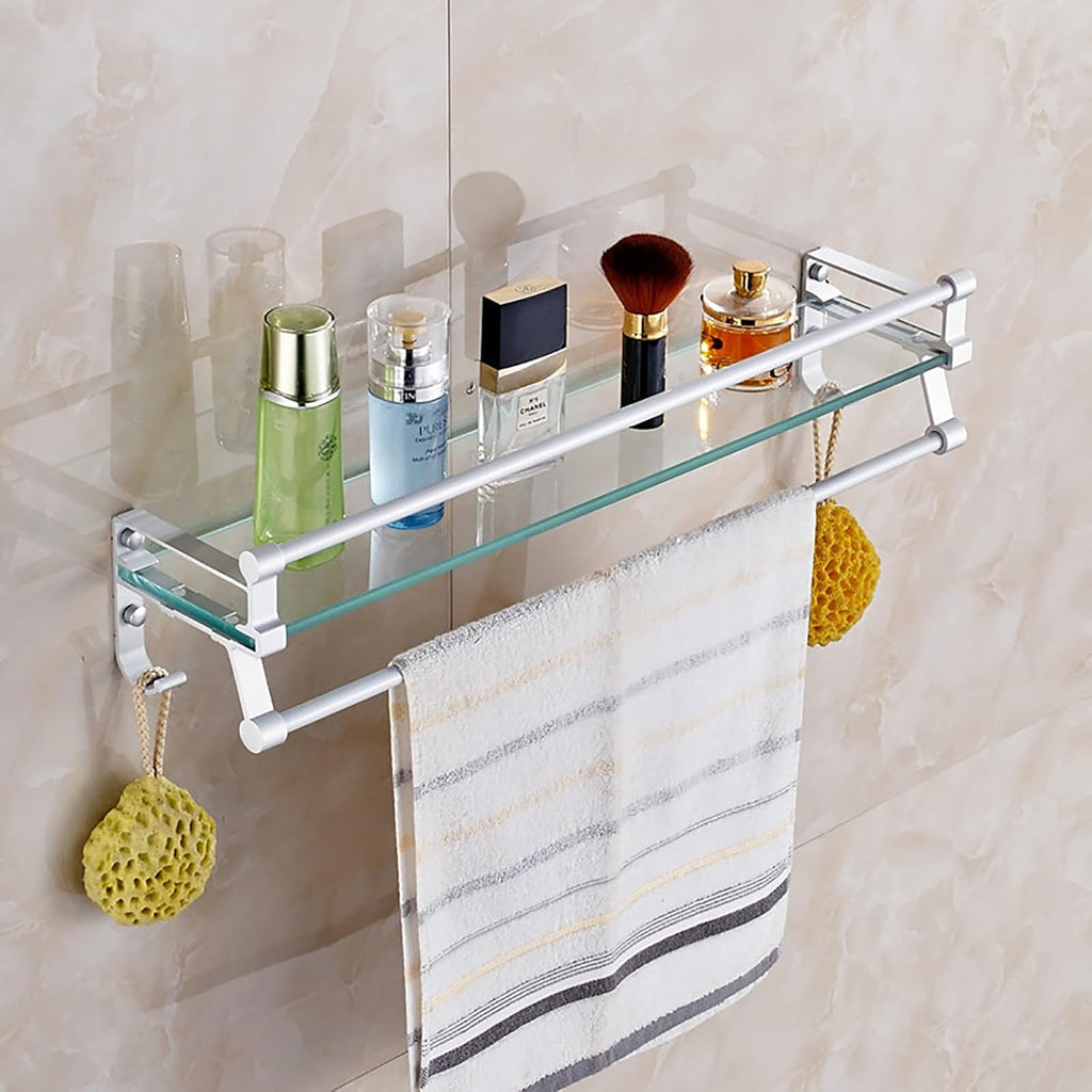 Bathroom Shelf with Hand Towel Bar Wall Mounted Tempered Glass Shower Storage European Retro Floating Shelf for Kitchen Drill Free Shower Caddy Silver 20in (Silver 24in)