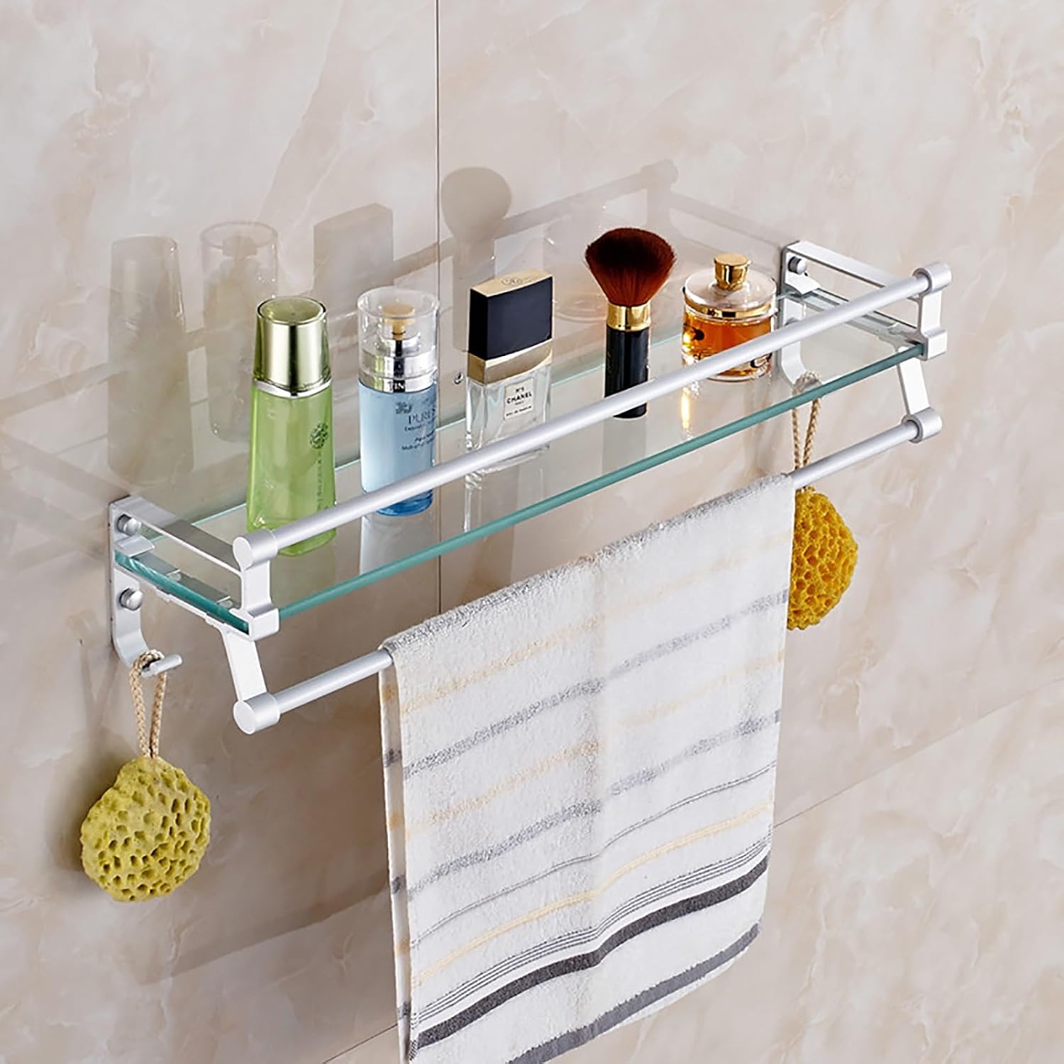 Bathroom Shelf with Hand Towel Bar Wall Mounted Tempered Glass Shower Storage European Retro Floating Shelf for Kitchen Drill Free Shower Caddy Silver 20in (Silver 24in)