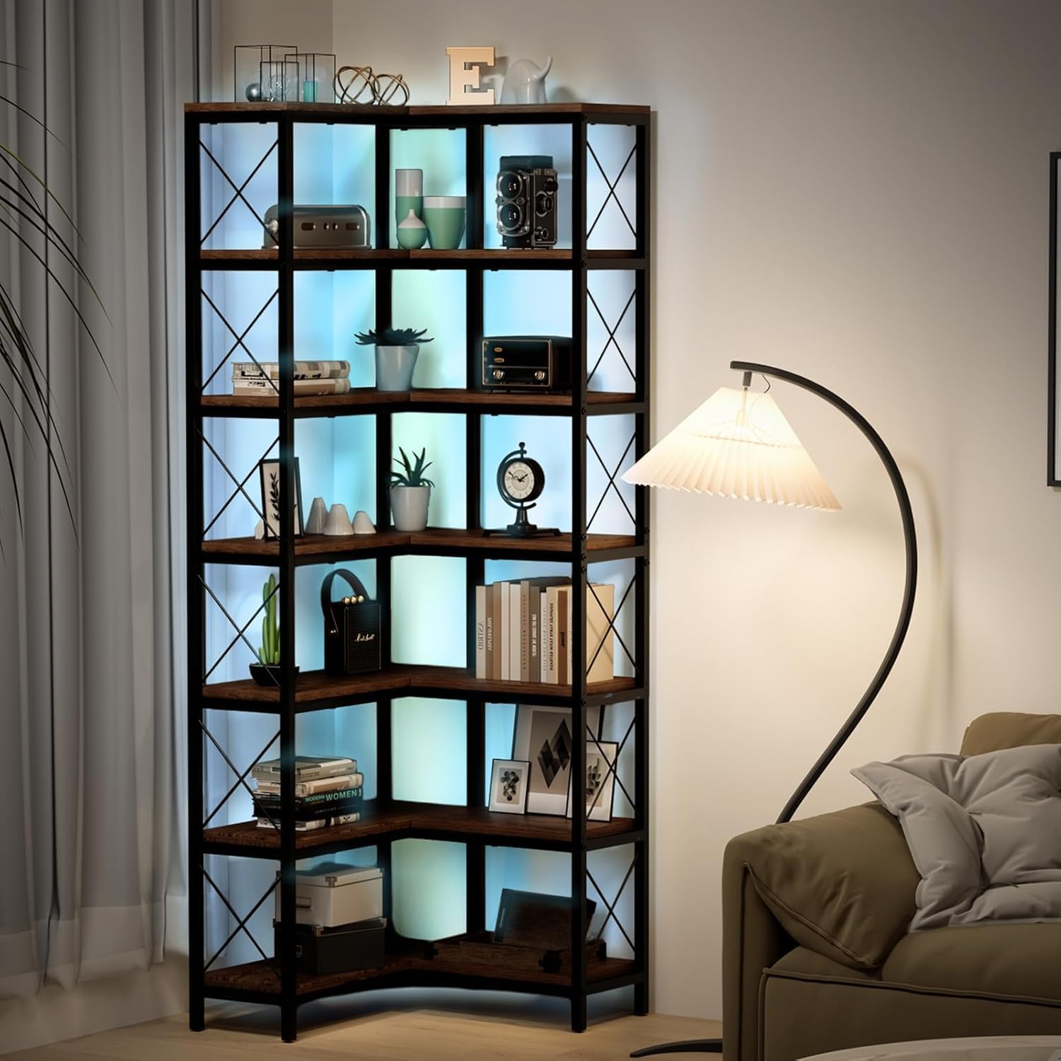 7 Tier Corner Bookshelf with LED Lights, 78.7' High Corner Shelf Storage for Living Room, Study Room, Metal Frame Extra Large Capacity, Flamed Color