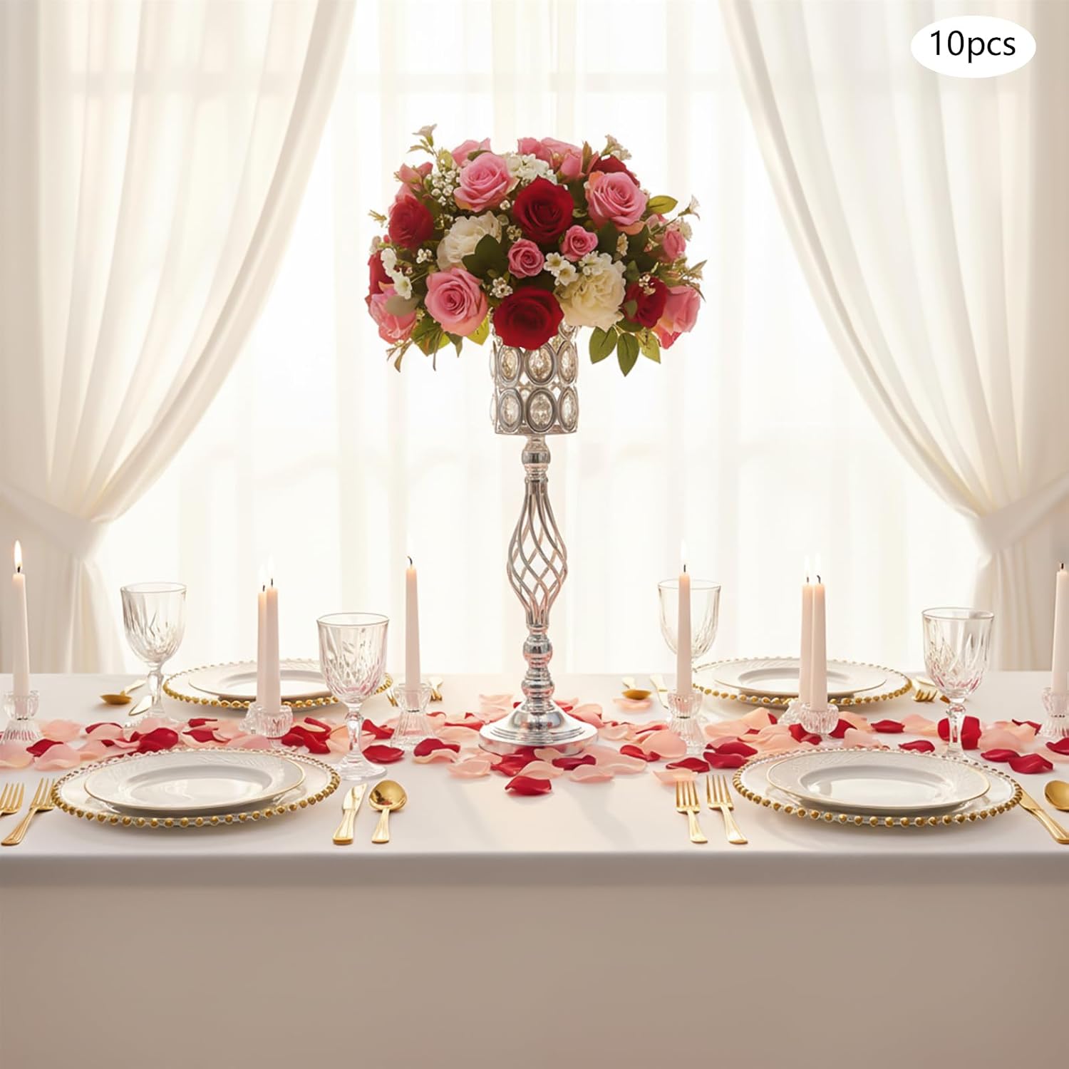 10PCS Wedding Flower Centerpieces for Tables, 61cm/24 Tall Crystal Wedding Decor Flower Stand Floral Display Rack Vases for Tables Wedding Dinner Party, Ceremony Birthday Event Decor (Silver)