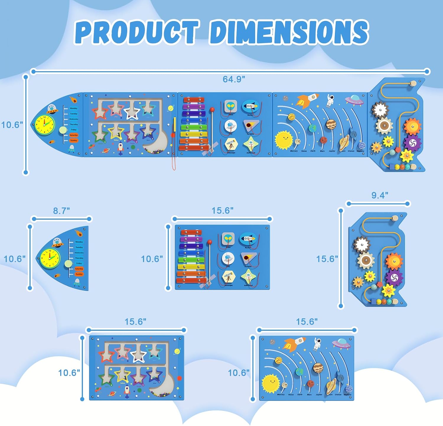 Rocket Activity Wall Busy Board Panels - Sensory Wall Panel for Kids, Montessori Toddler Wall Activity Board, Wall Toys for Toddlers 3, Activity Cube, Wooden Boards, Blue