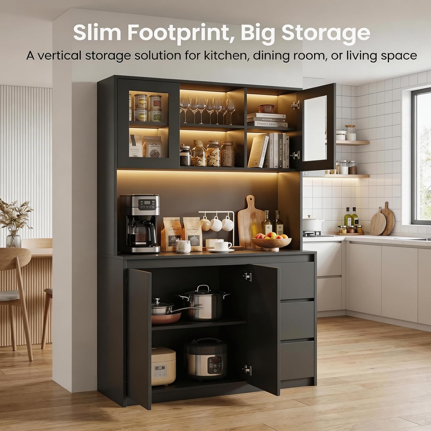 71' Kitchen Pantry Cabinet,Tall Storage Cabinet with Doors & Shelves Adjustable, Kitchen Storage Hutch with Microwave Shelf,Coffee Bar,Led Lights&Charging Station,Corner Pantry Cabinet for Living Room