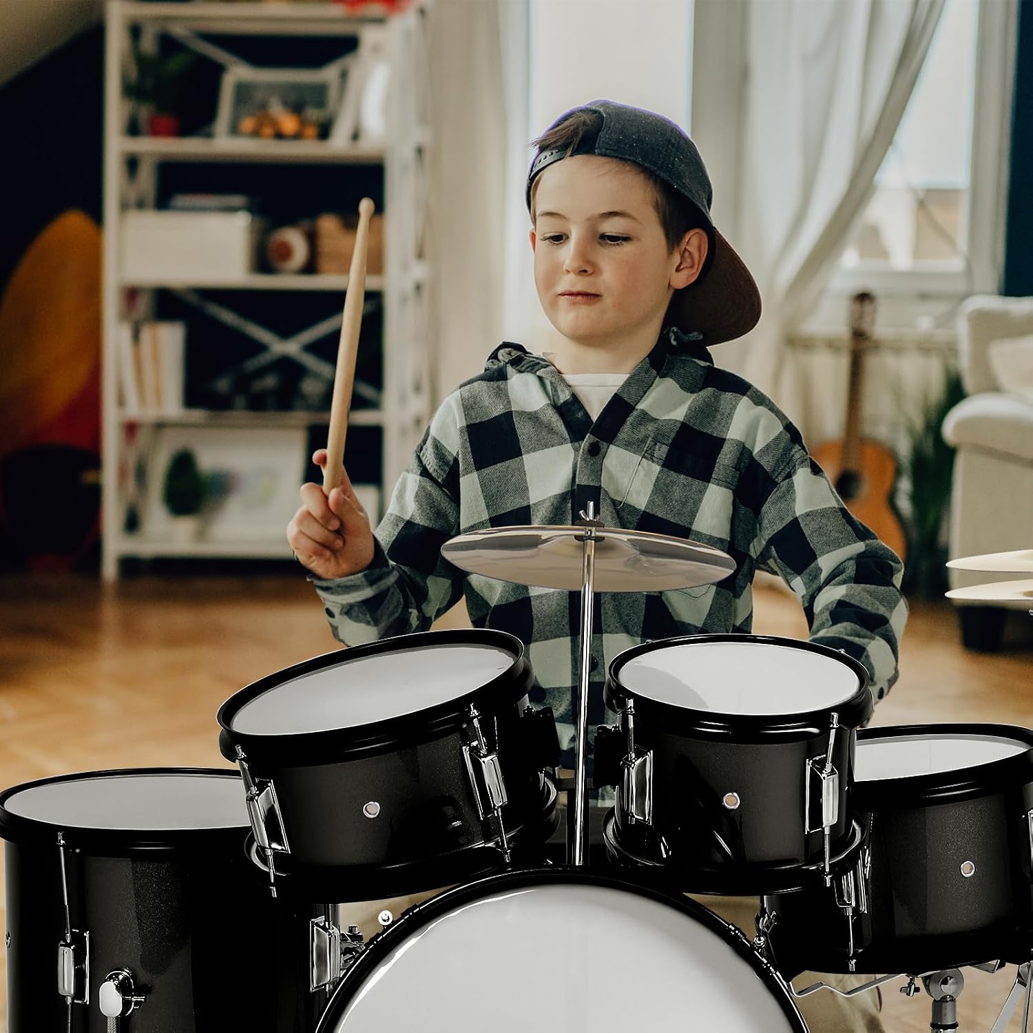 Ktaxon 5-Piece Complete Junior Drums Set, 16 Inch Beginners Drum Kit with Throne Stool, Pedal & Drumsticks, Drums Musical Instruments W/Cymbal, Hi-Hat, Floor, Tom and Snare Drum (Black)