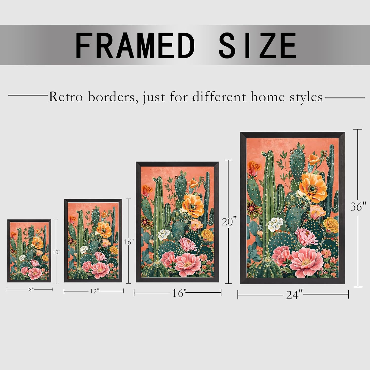 Black Framed Flat Retro Desert Landscape Poster Boho Cactus And Floral Canvas Wall Art Colorful Succulents Vibrant Blooms Prints Painting For Home Bedroom Dorm Wall Decor 24x36in Black Framed Flat