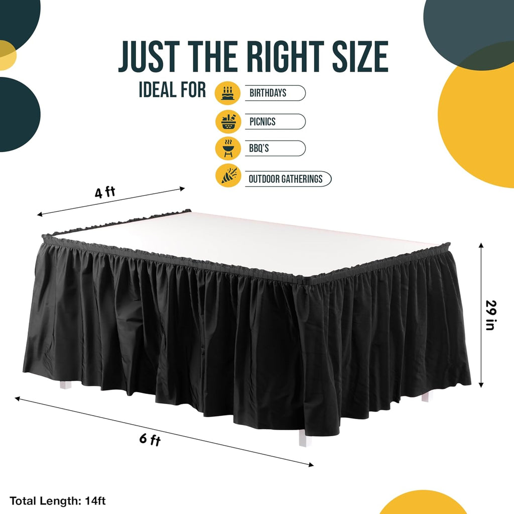Exquisite Black Table Skirt 48 Pack - Disposable Plastic Table Skirts for Rectangle Tables 6ft 8ft & Round Tables - 29in x 14ft Self-Adhesive Strip - Birthday Wedding Gender Reveal Decor