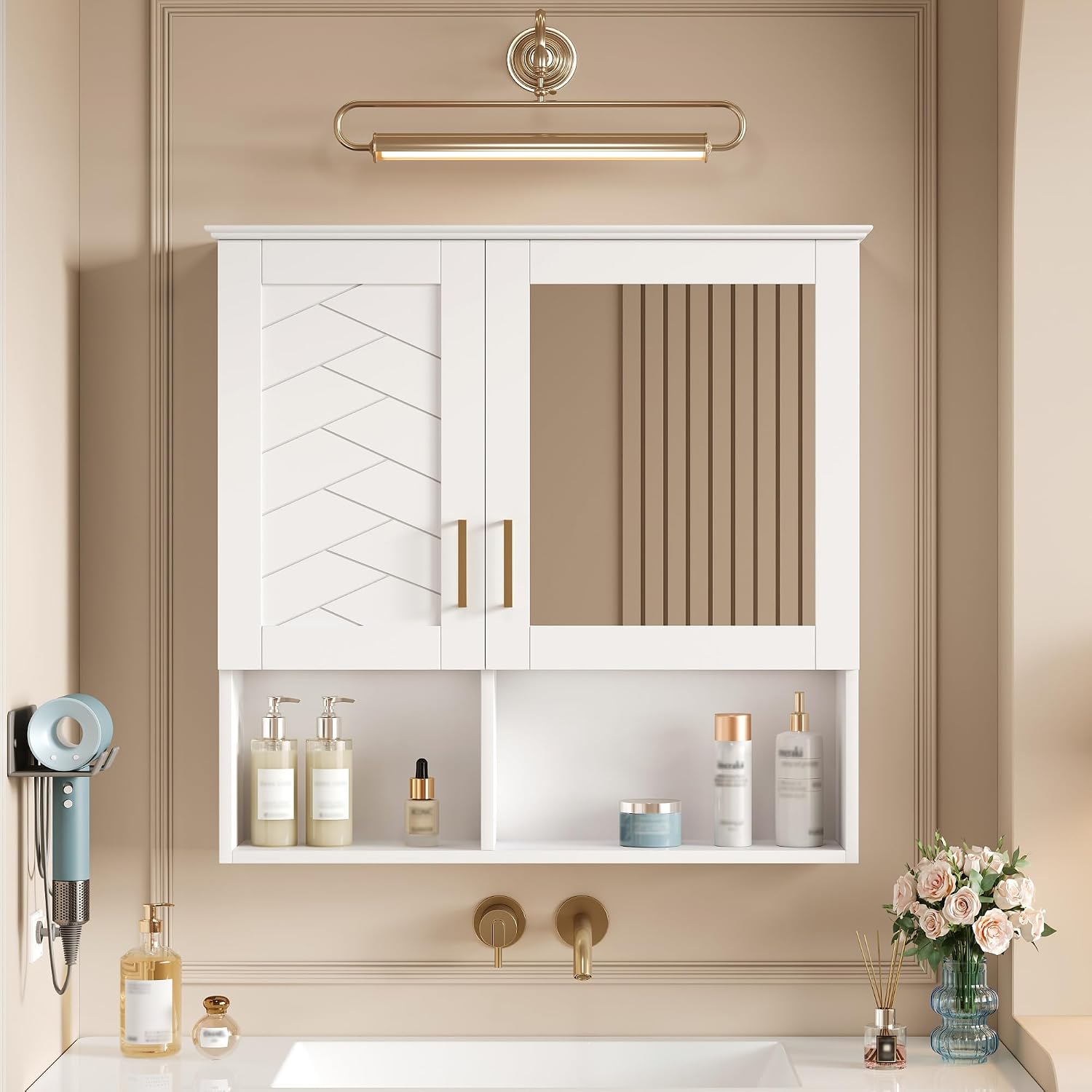 Merax 2-in-1 Bathroom Mirror Cabinet, 30 inch Wall Mounted Medicine Cabinet with Adjustable Shelves & Soft Close Doors, High-Define Mirror with Storage for Bathroom Vanity, White