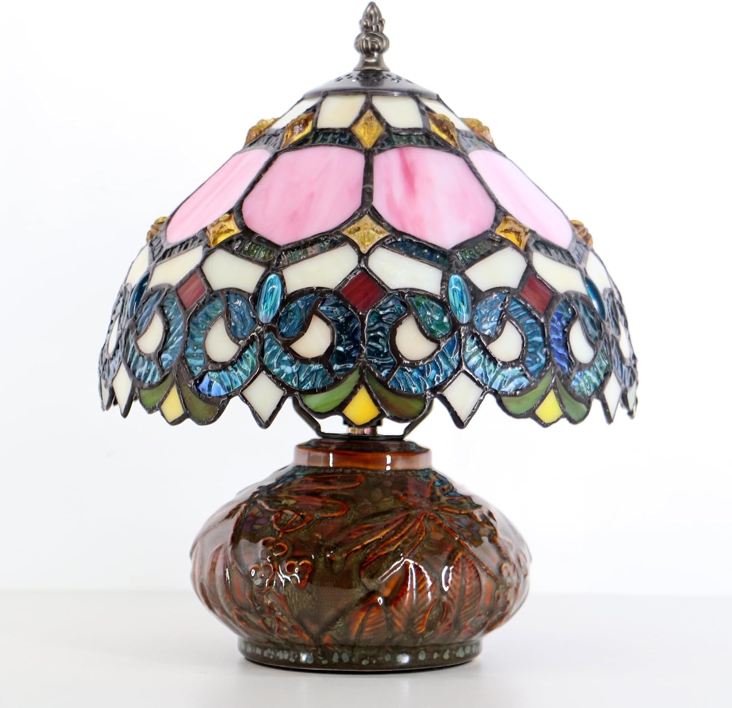 Small Tiffany Table Lamp, 10X10X11 Inch Mini Stained Glass Mushroom Desk Light Memory Sympathy Ceramic lamp (Pink Baroque Style)