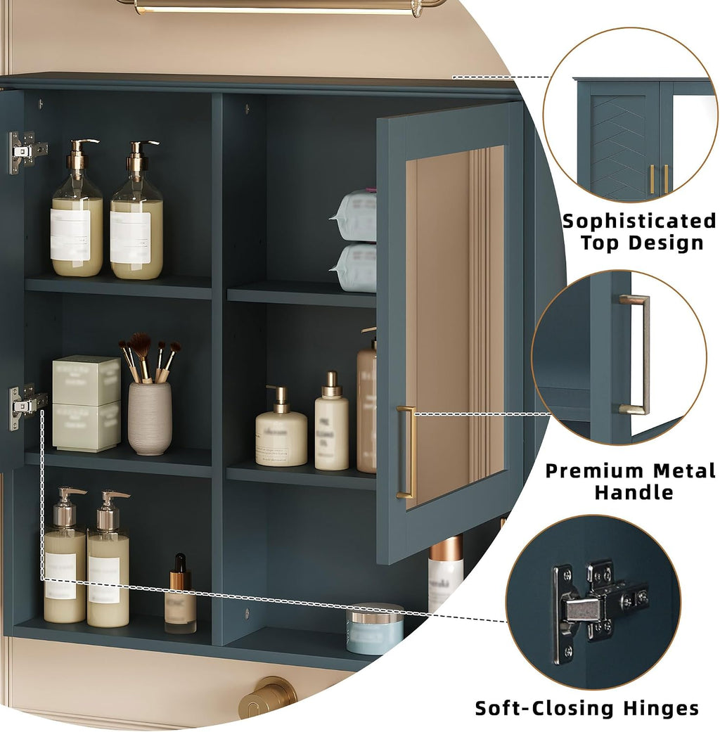 Merax 2-in-1 Bathroom Mirror Cabinet, 30 inch Wall Mounted Medicine Cabinet with Adjustable Shelves & Soft Close Doors, High-Define Mirror with Storage for Bathroom Vanity, Blue