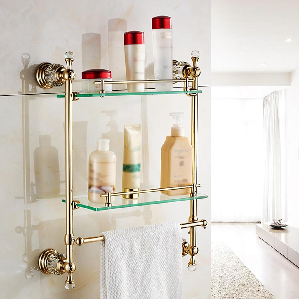 2-Tier Gold Wall Mounted Tempered Glass Bathroom Shelf with Towel Rack - Modern, Contemporary Style