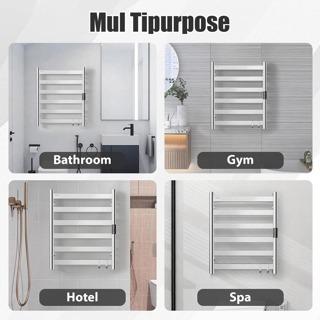 R FLORY Heated Towel Rack for Bathroom, 6 Bar Wall Mounted Towel Warmer Rack Flat with Timer & Temperature, Electric Towel Heater with LED Display Screen, Plug-in,Brushed Nickel