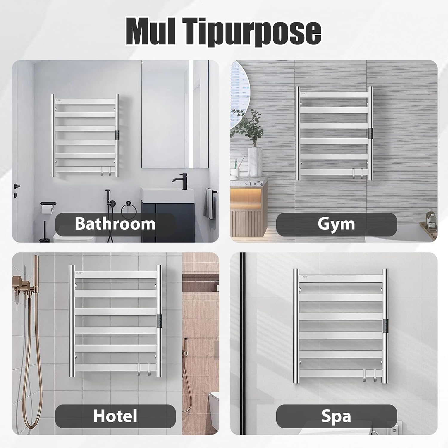 R FLORY Heated Towel Rack for Bathroom, 6 Bar Wall Mounted Towel Warmer Rack Flat with Timer & Temperature, Electric Towel Heater with LED Display Screen, Plug-in,Brushed Nickel