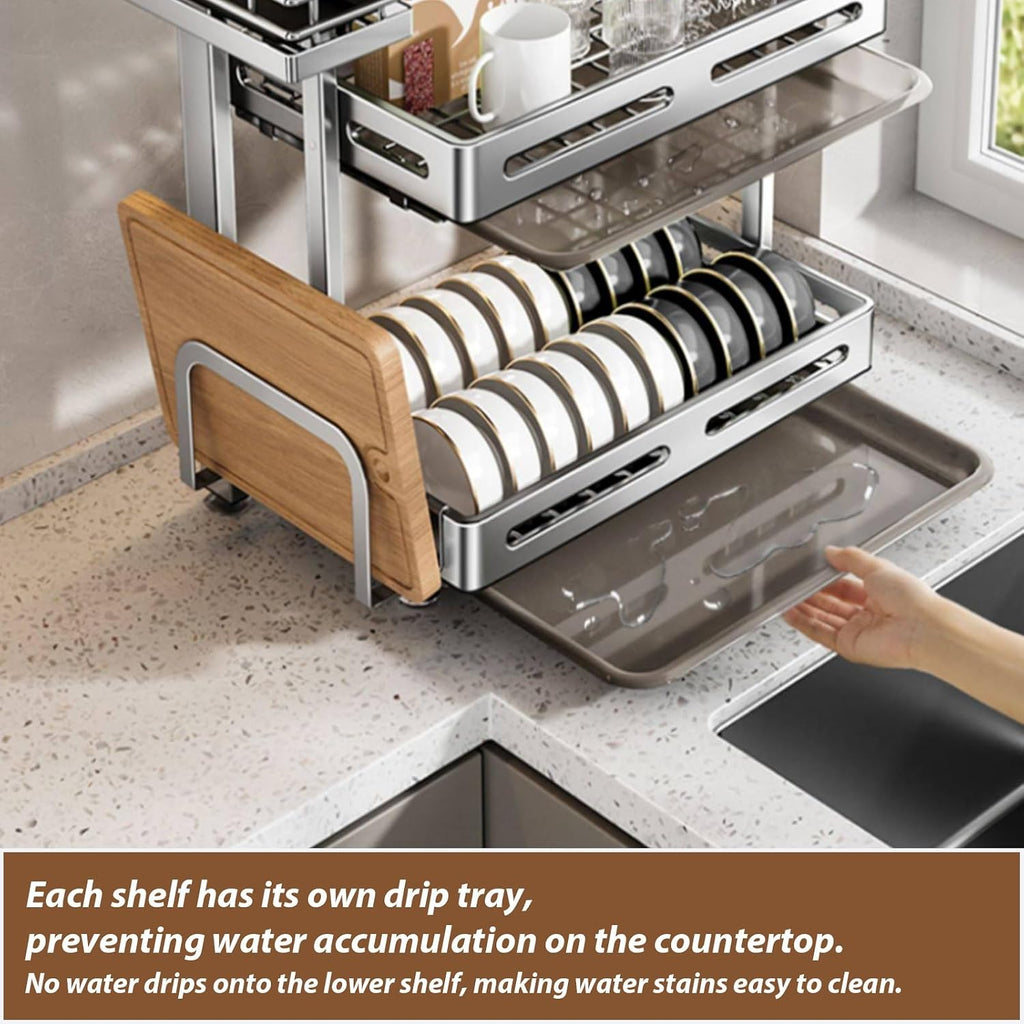 Large capacity 304 stainless steel kitchen storage rack,drainer for dishes,dish drying,foldable countertop holder for chopsticks,bowls,and plates, multi-functional(White triple-layer,43cm/17in)