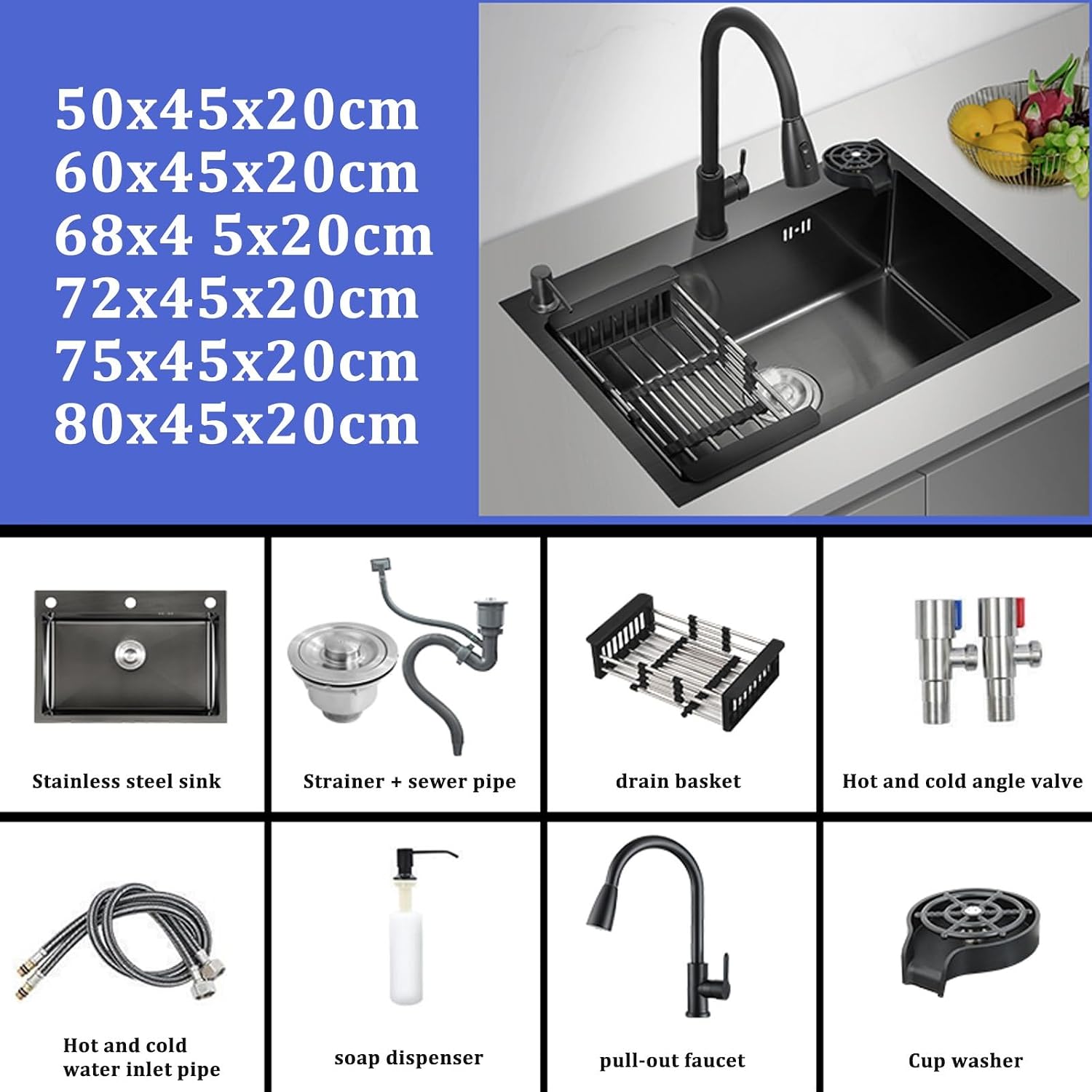 Kitchen Sinks,Stainless Steel Sink Single Bowl Sink, Kitchen Sink Pullout Faucet Includiglass Washer and Accessories/Black/50 * 45 * 20Cm (Black-50 * 45 * 20Cm