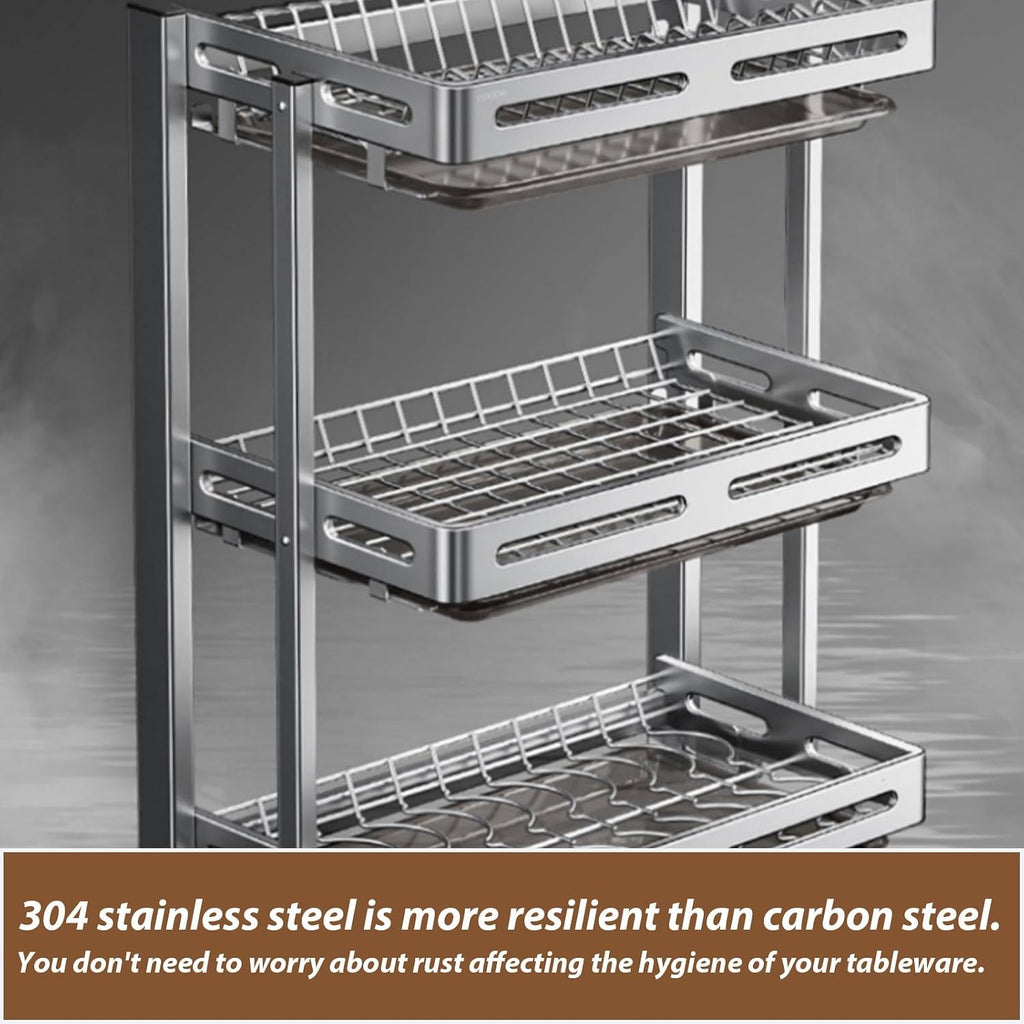 Large capacity 304 stainless steel kitchen storage rack,drainer for dishes,dish drying,foldable countertop holder for chopsticks,bowls,and plates, multi-functional(White triple-layer,43cm/17in)