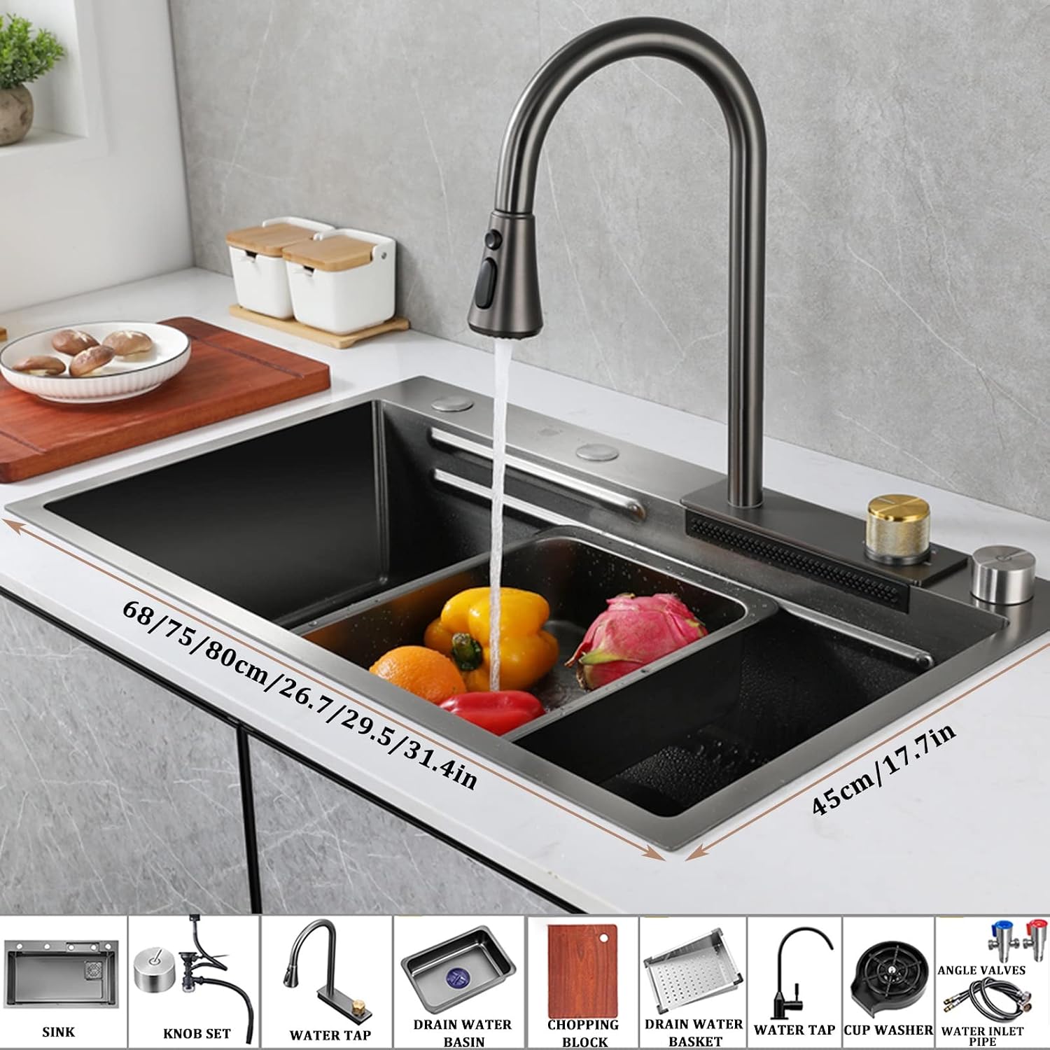 Single Bowl Bar Sink 304 Stainless Steel Kitchen Sink with Faucet and Drain Assembly Drop in Or Under Mount for Kitchen Courtyard Office Bar Laundry Trough (Color : Grey, Size : 75x45x22cm) (